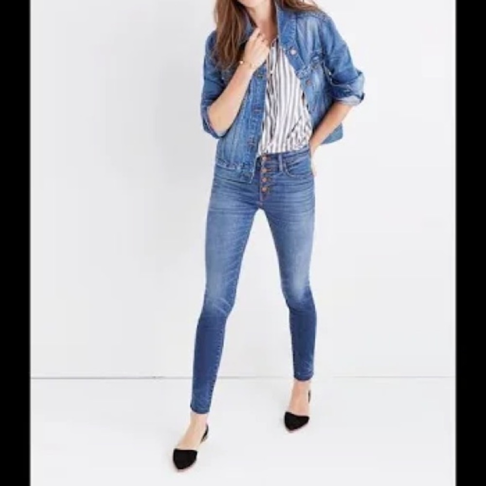 Madewell 9” High-Rise Button Front Raw Hem Skinny Blue Jeans in Size 28